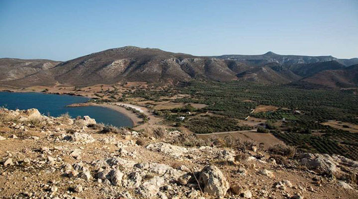 The Roussolakkos plain in eastern Crete viewed from the Kastri hill, with Mount Petsophas in the background