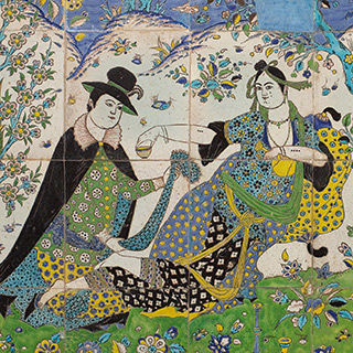 17th century tile panel showing garden gathering