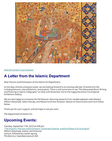 Teaser for the Fall 2019 Islamic Art department newsletter