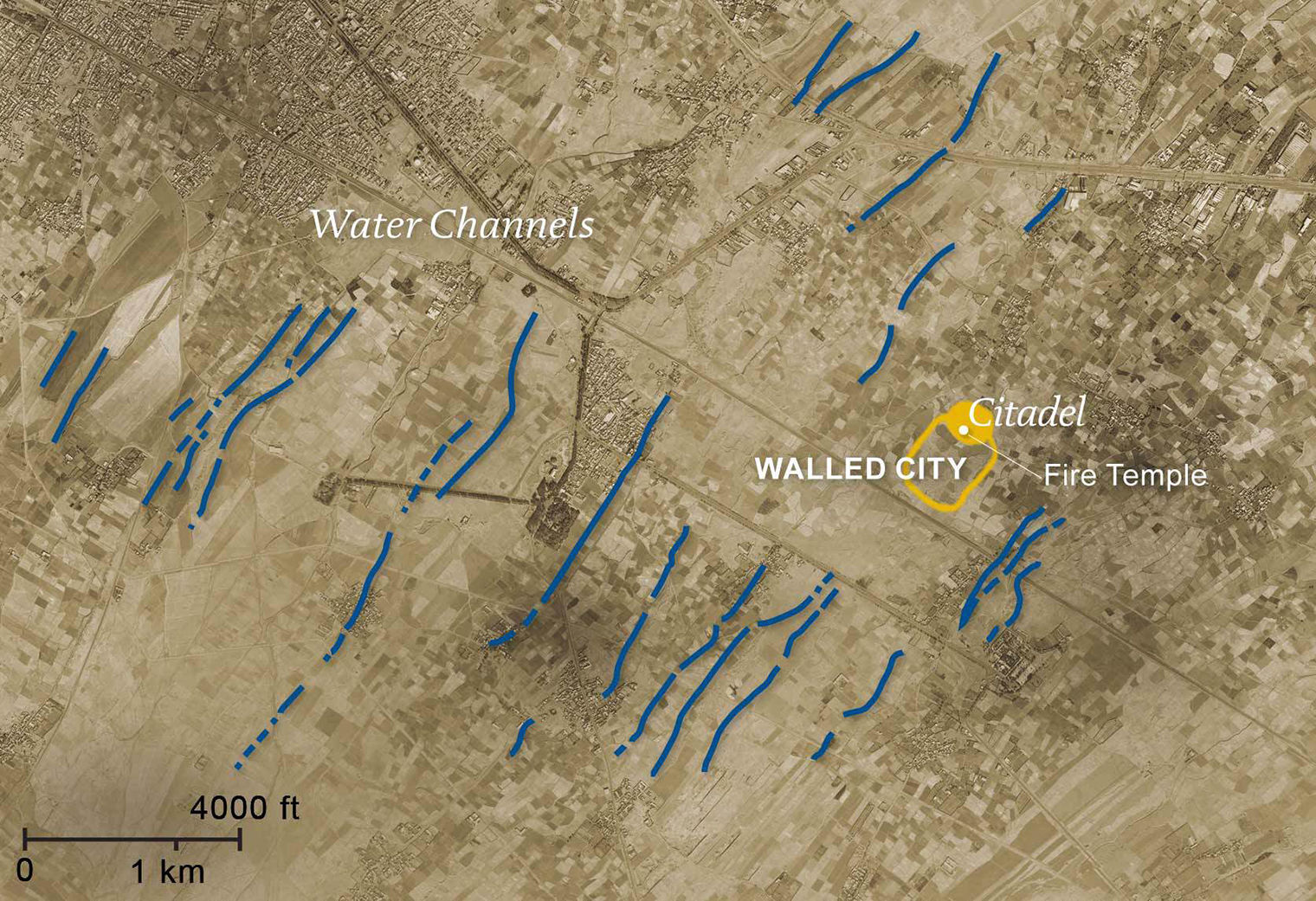 Aerial overview of early Nishapur with thin blue lines representing the water channels, a yellow square representing the citadel and adjoining walled city, and a white dot showing the Zoroastrian fire temple
