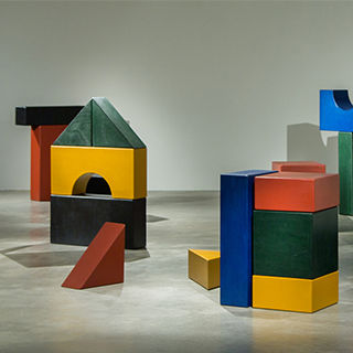 Colorful blocks on a grey floor