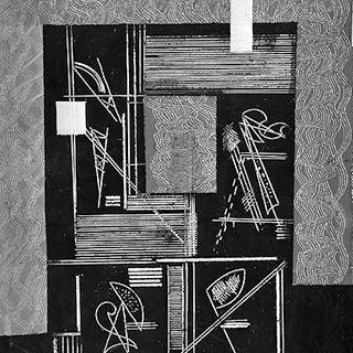 An abstract, black and white, gouache on paper work by Irene Rice Pereira from 1941 titled "White Lines."  A central, black, vertical rectangular shape is overlaid with thin white lines that create squares and rectangles as well as diagonal lines. On the left and right, fine, wavy lines compose thin, vertical rectangles. The use of both straight and wavy white lines invigorate the work with frenetic energy.