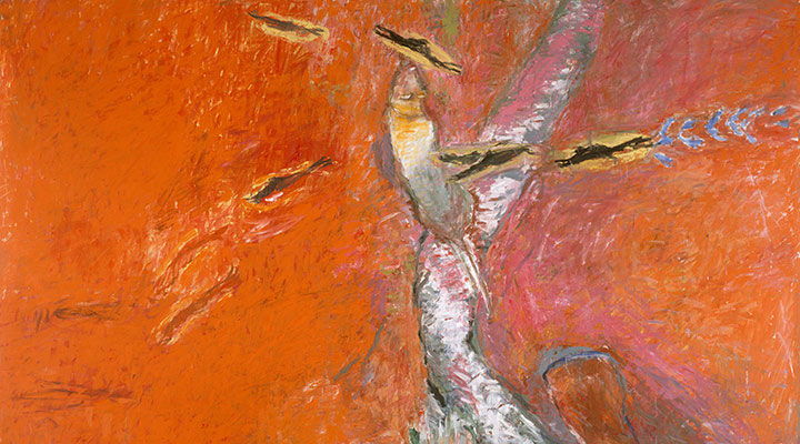 Abstracted birds-eye-view of a creek surrounded by a bright orange field with ravens flying overhead and a white dog near the creek.