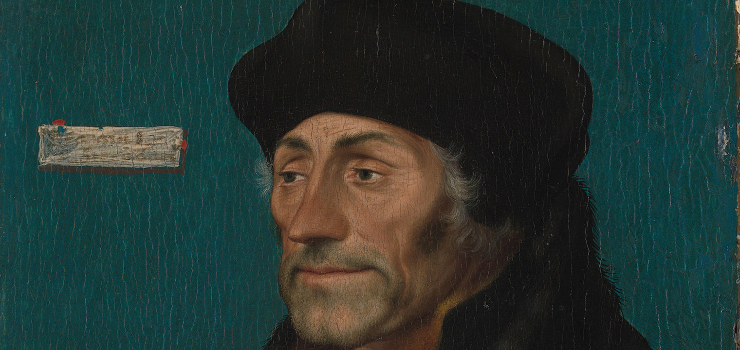 Portrait of an older man wearing a black hat. The portrait is of Erasmus of Rotterdam, the great humanist and scholar. The painting is by german artist, Hans Holbein the Younger. 