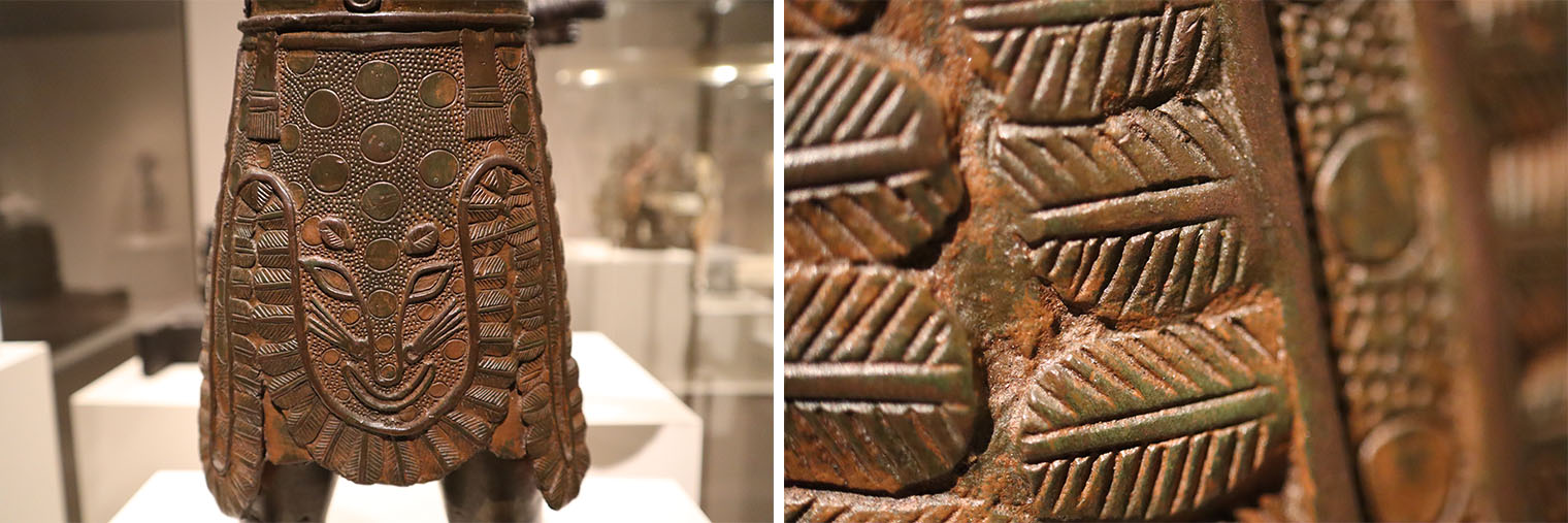 Cropped details of a brass cast sculpture that reveal the reddish hue of the material