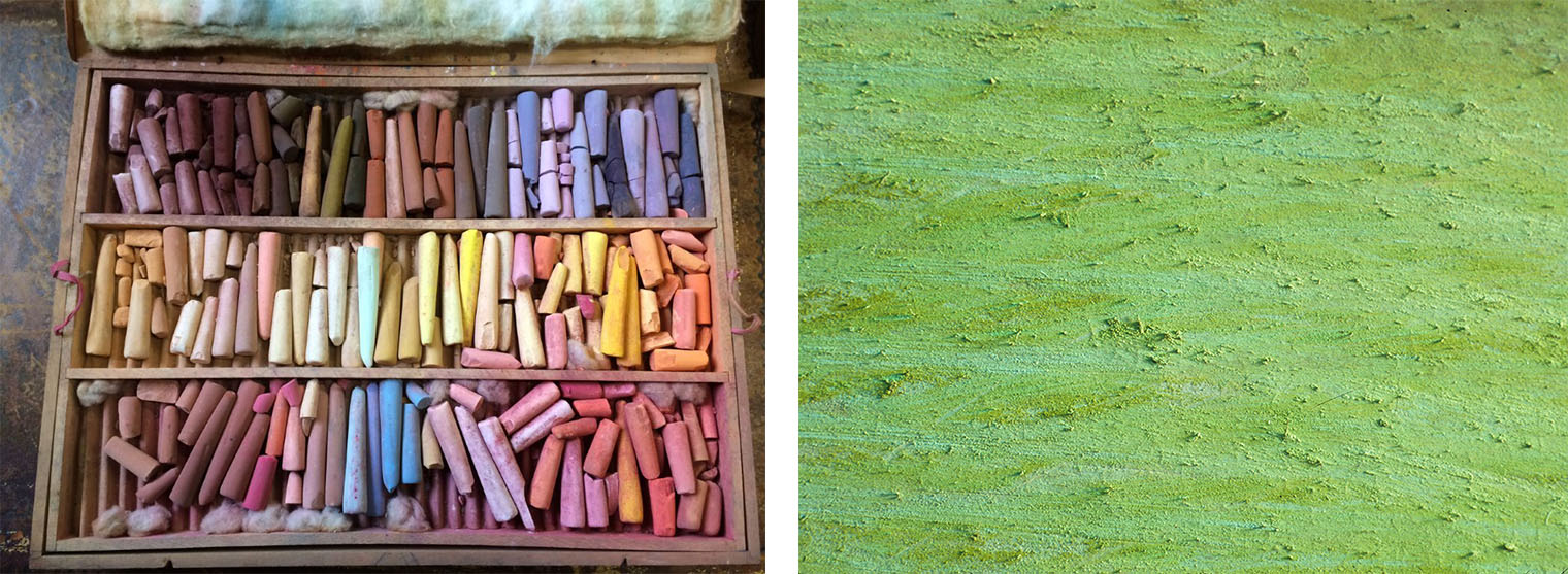 Left: a box of pastel; Right: a detail from Degas's painting showing the artist's uneven strokes.