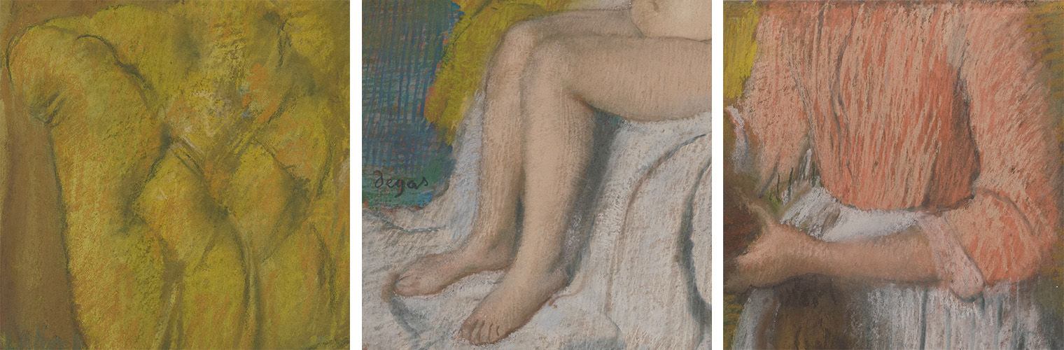 Left: a detail of a couch from a pastel painting; Center: a detail of legs from the same painting; Right a detail of a dress from the same painting.