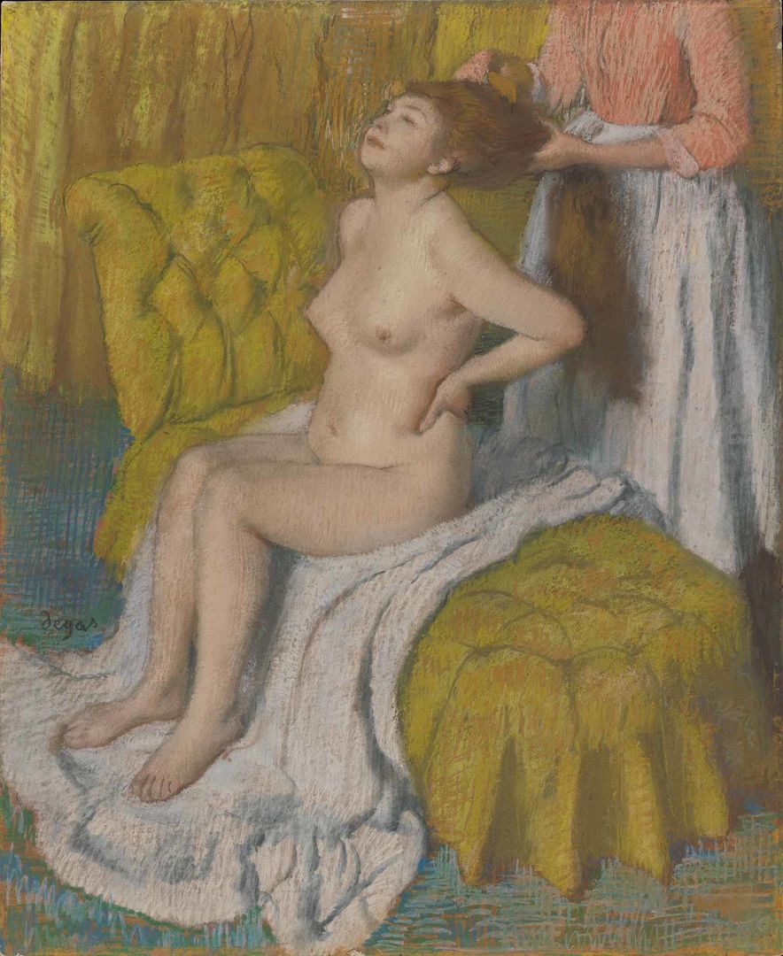 Detail of a painting of a woman in a pink dress brushing a naked woman's hair.
