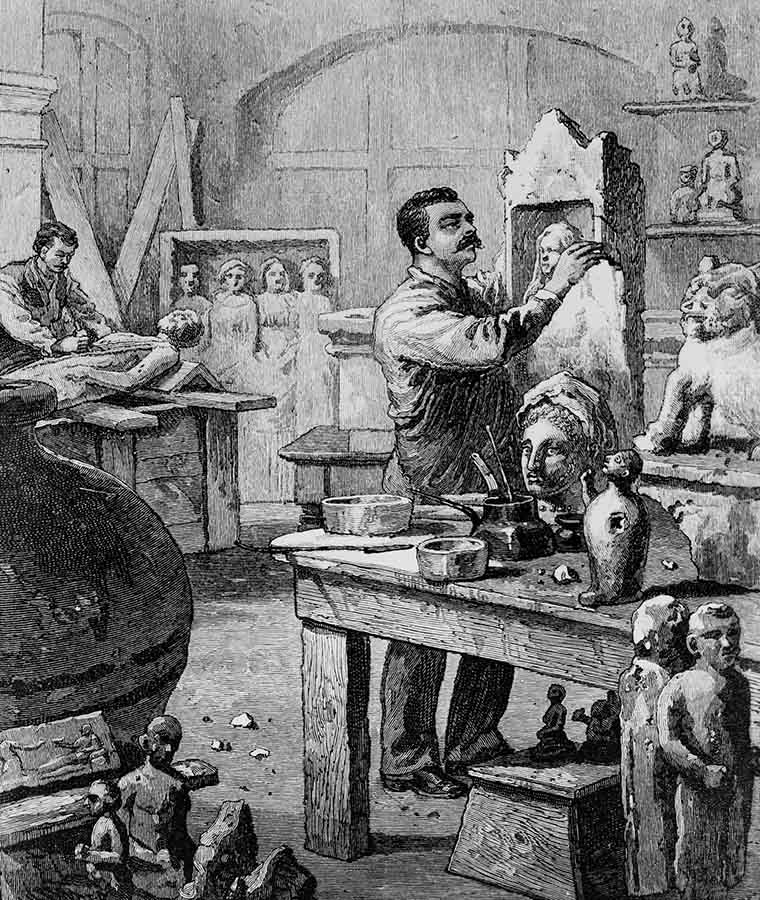 An illustration of Charles Balliard in his workshop from Harper's New Monthly Magazine