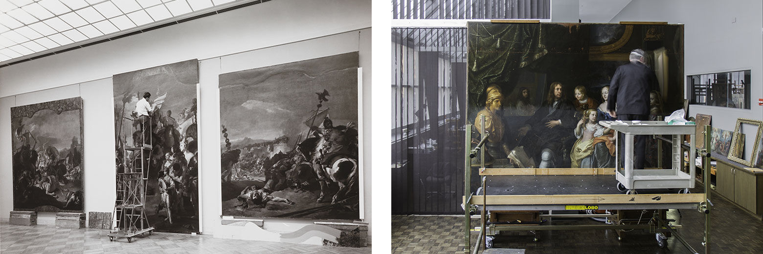 Left: A conservator stood on a ladder working on Tiepolo’s The Triumph of Marius; Right: A conservator stood on a scaffold treating a large painting.