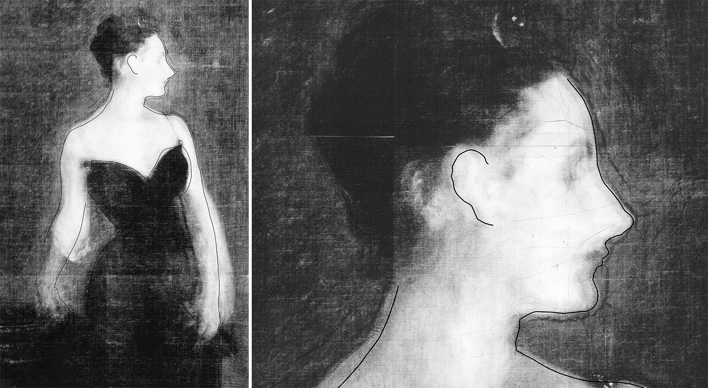 Left: a detail image of an X-radiograph of the torso in the painting. Right: A detail image of an X-radiograph of the head in the painting