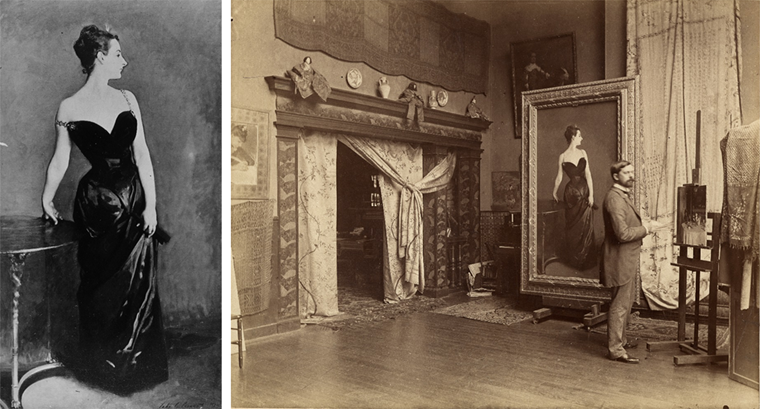 Left: photograph of Sargent's Madame X, 1884. Right: photograph of Sargent in his Paris Studio with Madame X, 1886