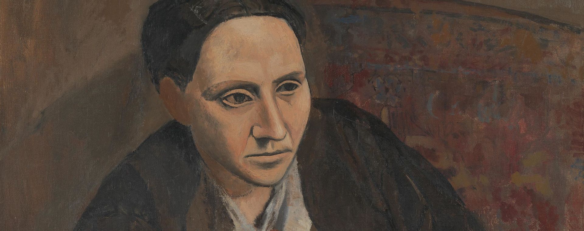 Detail of portrait showing the head of a dark-haired woman, Gertrude Stein, wearing dark brown against a brown background
