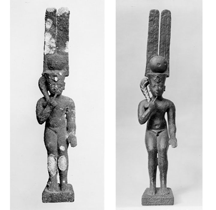 Harpokrates. Egyptian, Ptolemaic–Roman Period (332 B.C.–A.D.330). Copper alloy. The Metropolitan Museum of Art, New York, Gift of Mrs. S. W. Straus, 1925 (25.184.19), before and after electrolytic treatment by Colin Fink