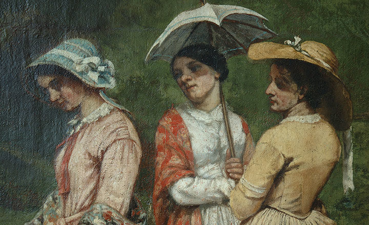 Detail of a painting by Gustave Courbet. The work was finished in 1852 and shows the artist’s three sisters strolling in a valley. They wear French country style dresses. The woman in the center holds a white parasol, while the others wear hats to protect them from the sun.