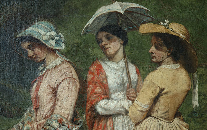 Detail of a painting by Gustave Courbet. The work was finished in 1852 and shows the artist’s three sisters strolling in a valley. They wear French country style dresses. The woman in the center holds a white parasol, while the others wear hats to protect them from the sun.