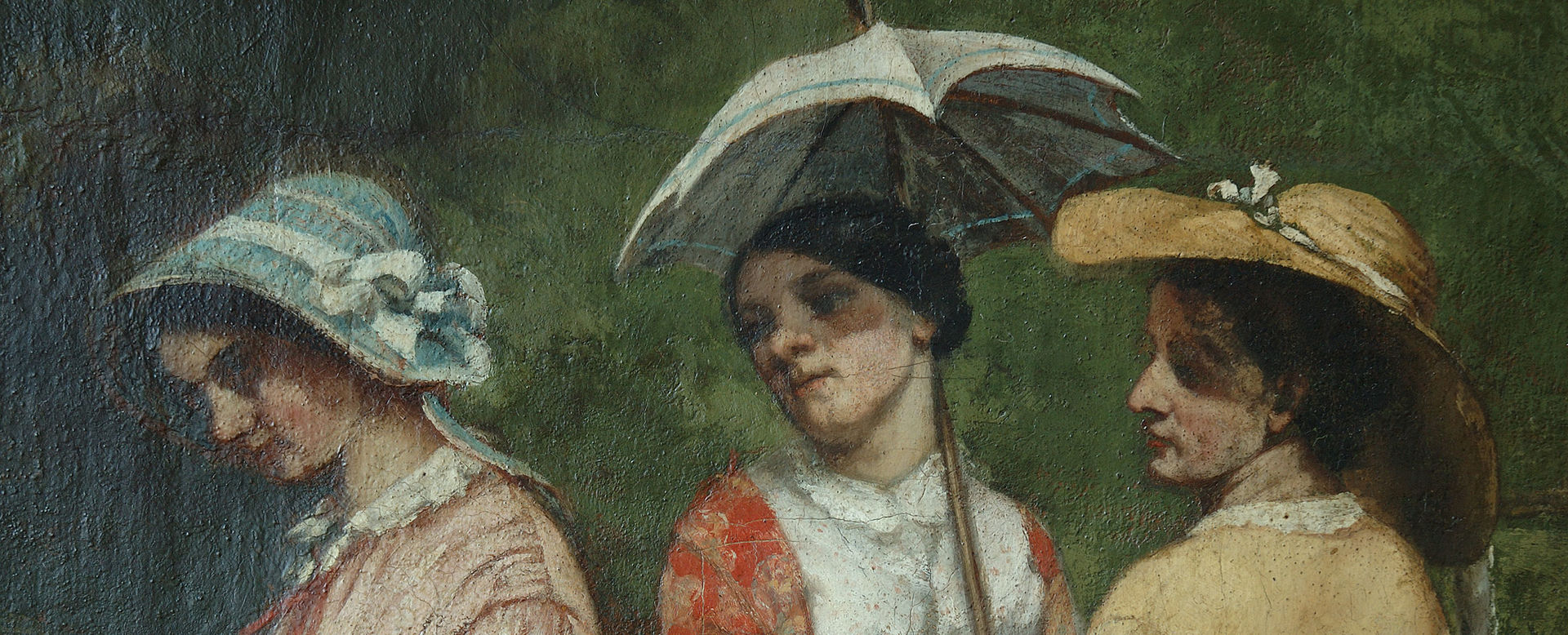 Detail of a painting by Gustave Courbet. The work was finished in 1852 and shows the artist’s three sisters strolling in a valley. They wear French country style dresses. The woman in the center holds a white parasol, while the others wear hats to protect them from the sun.