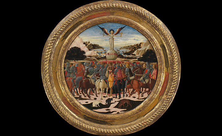 The Triumph of Fame by Giovanni di ser Giovanni Guidi. This round panel painting in a gold gilded frame shows knights mounted on horses extending their hands in allegiance to a winged allegorical figure of Fame, who holds a sword and a small statue of cupid.