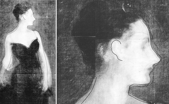 Two images side by side of the same x-ray of John Singer Sargent’s portrait of Madame X. The image on the right shows a black tracing from the painting of the profile and ear is overlaid on the x-ray. This shows the extent to which the features were shifted.