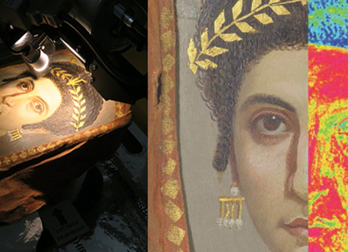 Two images side by side. At left, a Fayum portrait of a woman wearing a gilded laurel wreath on her head. The portrait is being examined under a microscope with a strong task light shining on it. At right, a detail of the portrait with half of the face under normal light. The other half shows a false color image visualizing the elements within the pigments present in the paint layers.