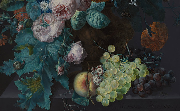 Close-up of a still life painting from 1716 by Henrietta Haverman showing green and red grapes, pink peonies, leaves, and a peach.