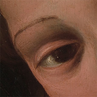 A close-up of a brown-colored left eye and eyebrow of the Virgin Mary in a painting from the 1520s depicting the Holy Family by Perino del Vaga. A dark background is visible along the right contour of the face.