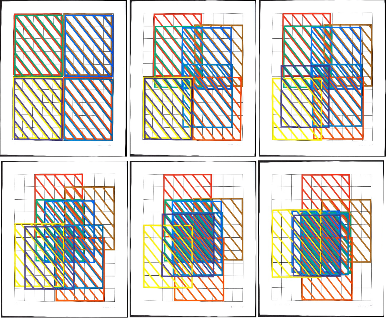 6 different Dora Maurer drawings of grids with intersecting colors