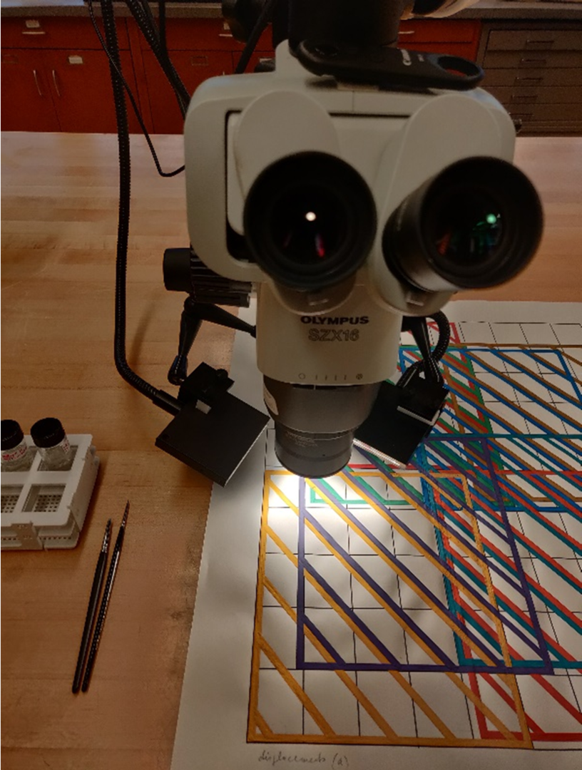 Microscope inspecting Dora Maurer drawing