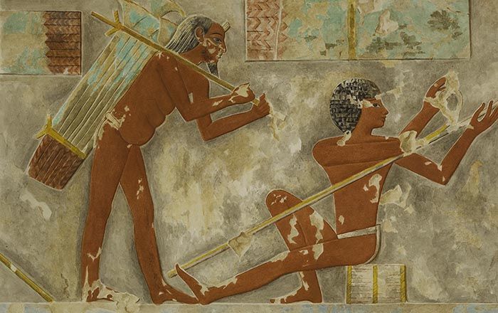 Facsimile painting copy of a detail from a scene of men harvesting and working papyrus from the tomb of Puyemre