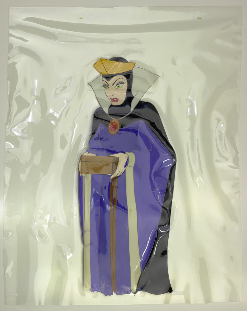 A figure in a purple and black cape carries a box.
