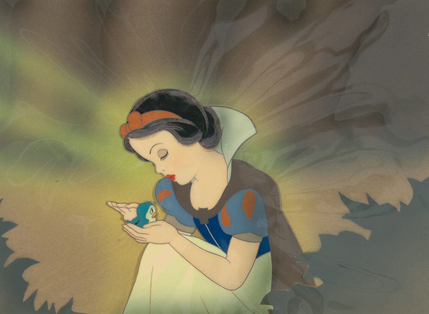 A drawing of Snow White holding a blue bird.