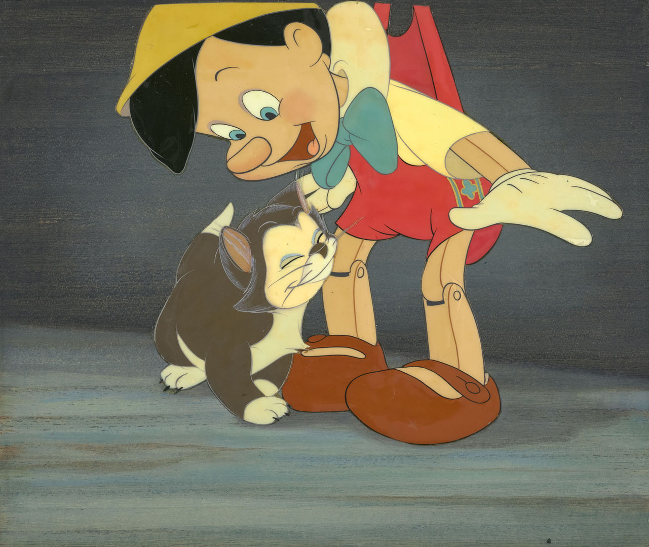 A drawing of Pinocchio petting a cat.