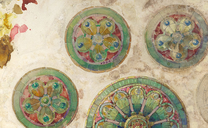 Watercolor sketches of circular stained glass fragments