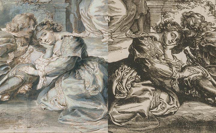 Composite image showing a drawing of two young lovers by Peter Paul Rubens (left) and a print of an identical image by the same artist (right)