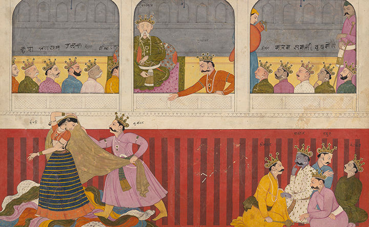 Colorful painting by Nainsukh depicting the disrobing of Draupadi.