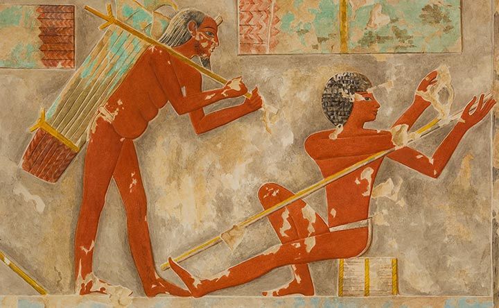 20th-century, tempera facsimile of men harvesting and working papyrus, copied from a tomb in Thebes, Egypt