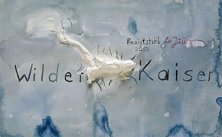 Anselm Kiefer's "Wild Emperor" from 1975, with white acrylic emulsion primer that rises in relief from the center of the blue watercolor ground and text reading, "Wilden Kaiser"