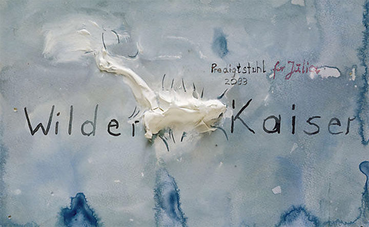 Anselm Kiefer's "Wild Emperor" from 1975, with white acrylic emulsion primer that rises in relief from the center of the blue watercolor ground and text reading, "Wilden Kaiser"