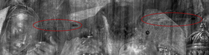 Detail from the X-radiograph of the Copenhagen Adoration. Horizontal dowels are circled in red