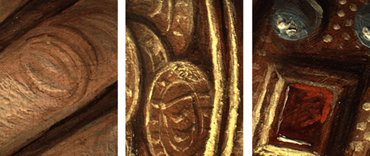 Photomicrographs taken of the Metropolitan Adoration showing various textures and surface effects. From left: Flesh from the middle finger knuckle of the oldest king; coins from a gift; jewels and pearls on a brocade fabric decoration