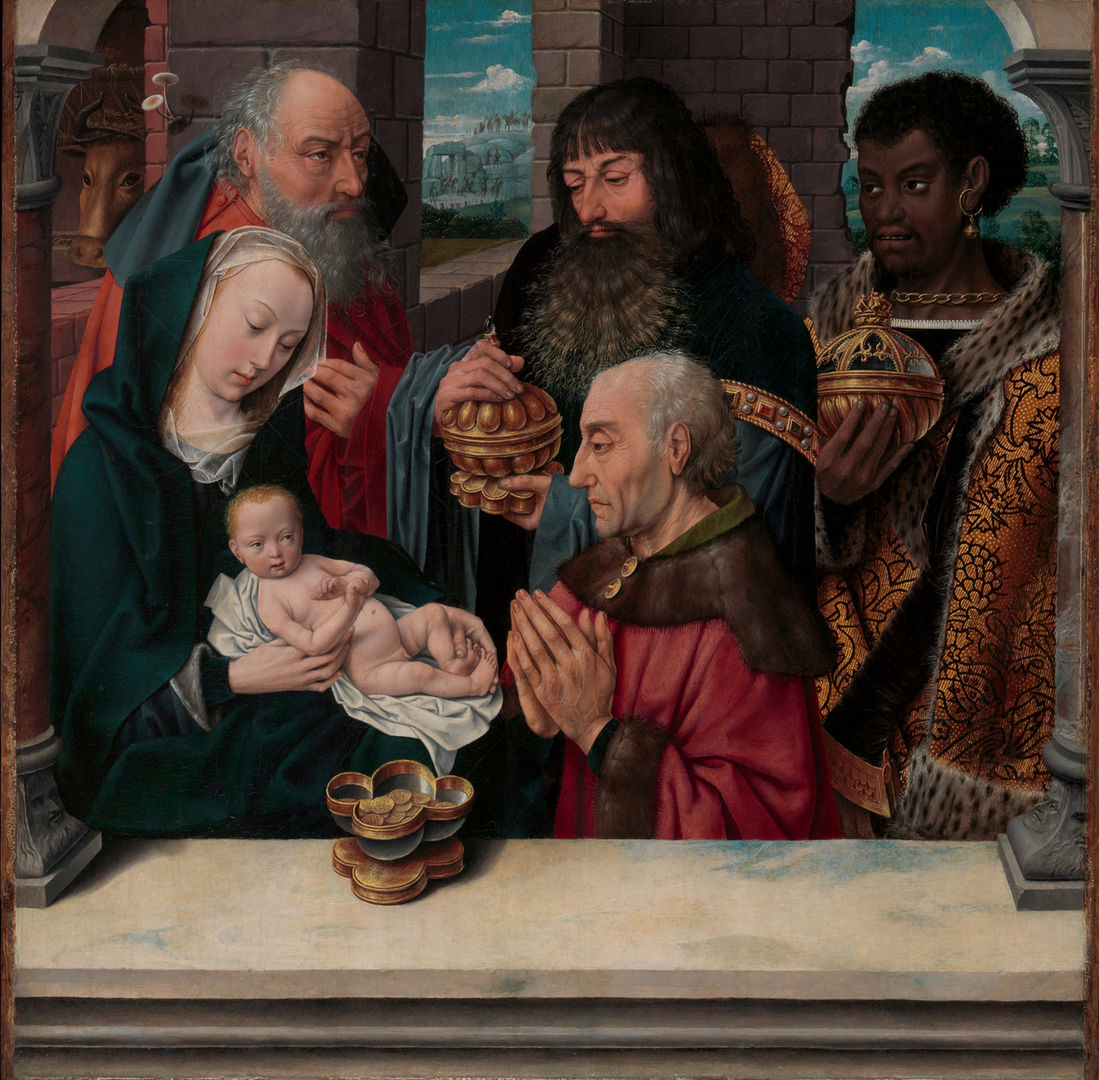 A detail of The Adoration of the Magi, a copy after Hugo van der Goes. It shows Joseph, the Virgin, and the Christ Child in the foreground, while the three magi stand behind them. 