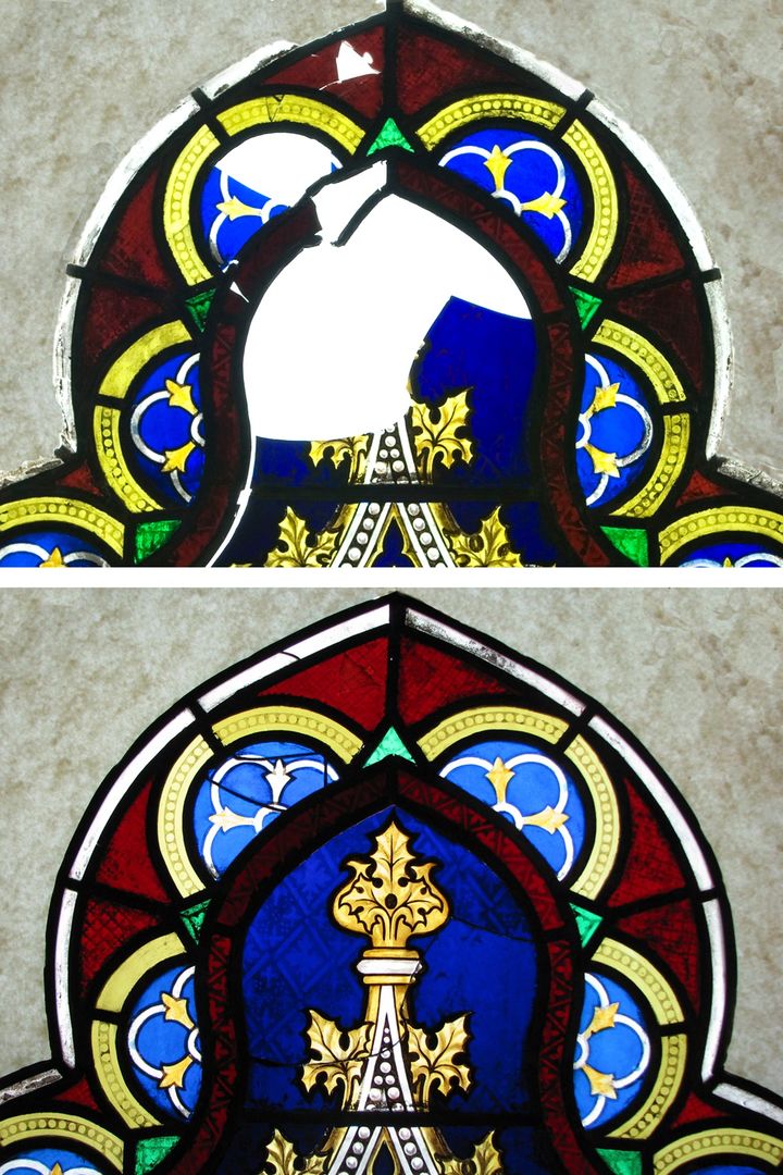 Details of Faith header before and after conservation treatment. In fig. 3 a triangular, copper foil join is visible on the top left within the blue and white trefoil.