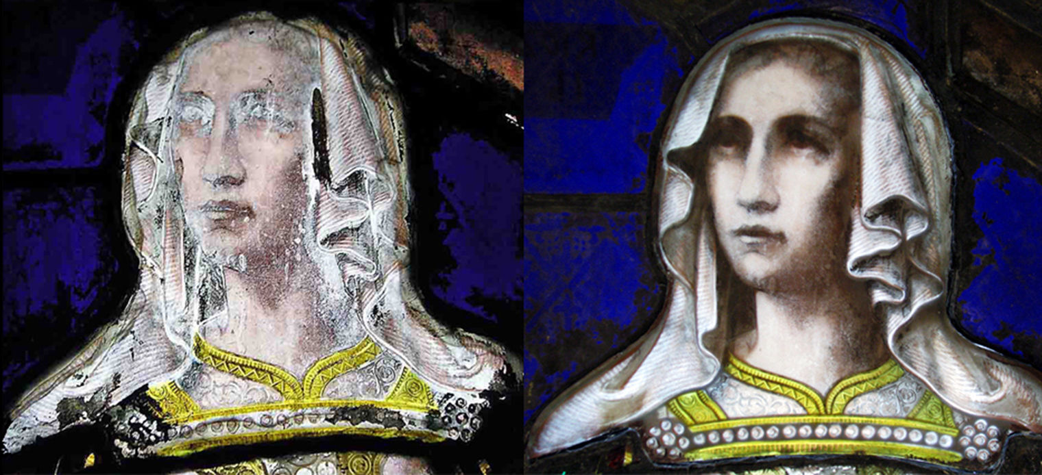 The face of Faith before and after conservation treatment.