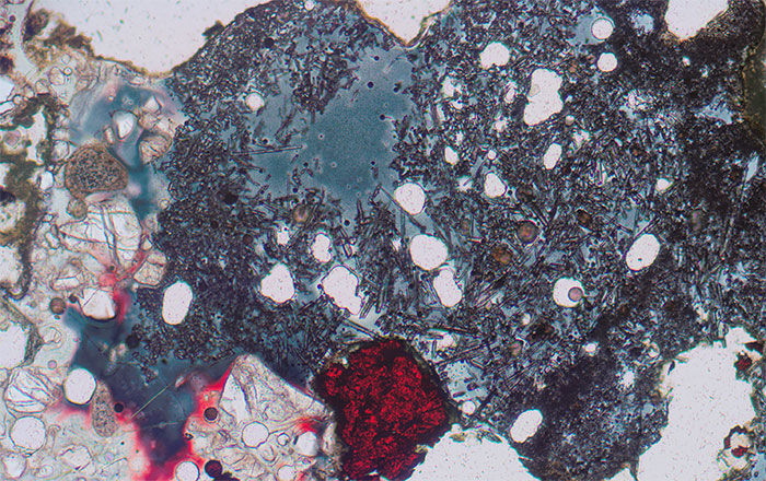 Micrograph showing example of mineralogy and fabric of ceramic sample as seen under a microscope