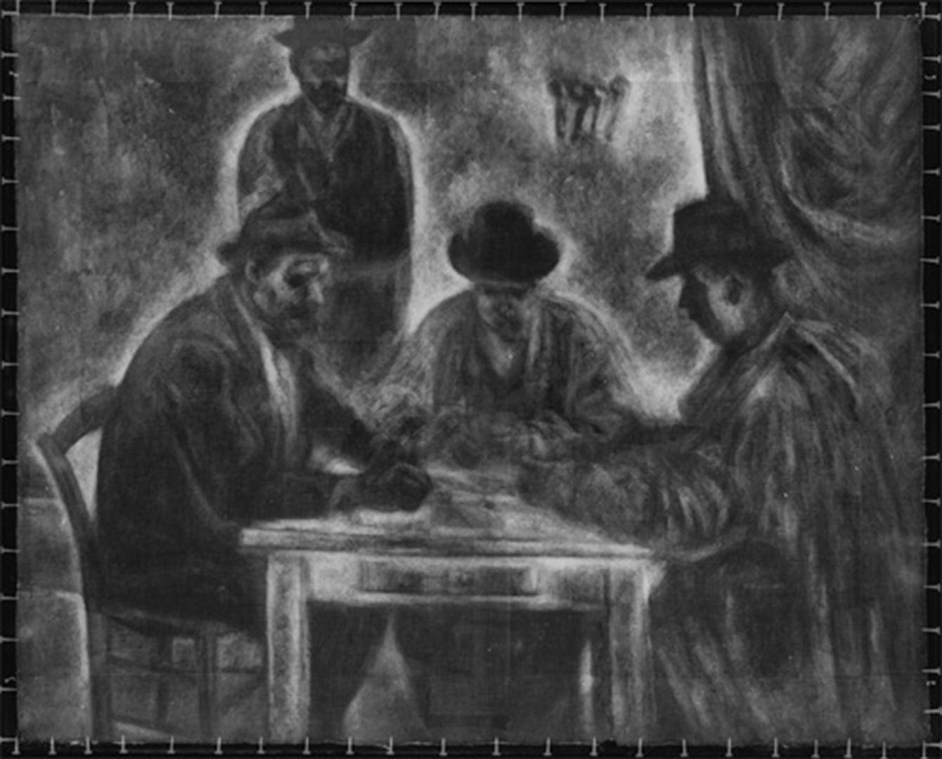 A xray image of a group of three men playing cards while one stands by smoking watching the game.