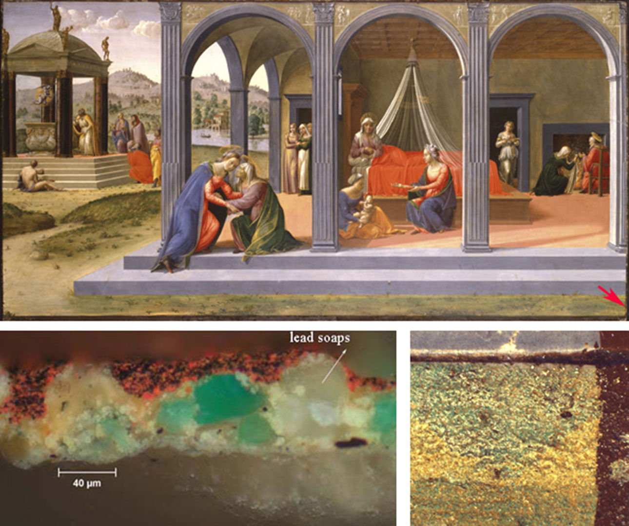 Francesco Granacci, The Birth of Saint John the Baptist, ca. 1506–1507. The cross-section of a paint sample removed from the grass area, in lower right border, was found to contain lead soaps protruding through the paint surface that give rise to the granular to surface texture of the paint.