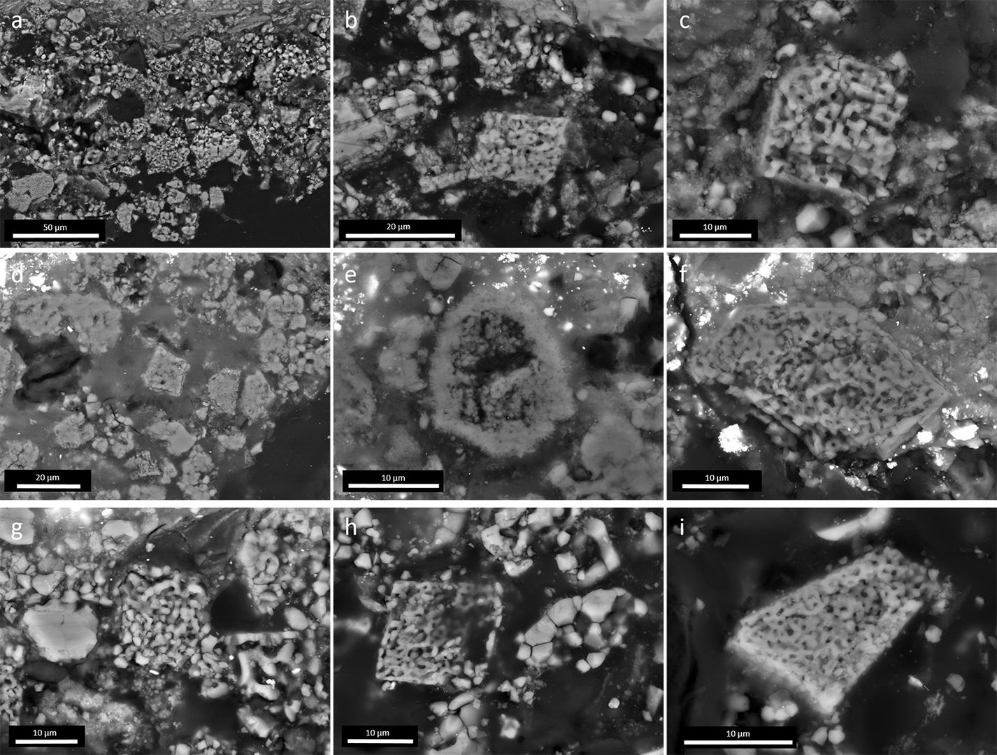 A three-by-three grid view of nine black and white scientific images of microscopic particle samples 