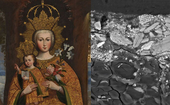 Two images side by side. At left, a close-up of a large 18th-century Cuzco School painting depicting the Virgin of Valvanera. She holds the Holy Child with her right hand and a bouquet of flowers in her left. At right, a magnified paint sample in black and white shows the different pigments and particles in the paint and ground layers of the artwork. A 10-microns scale bar denotes the magnification in the corner.