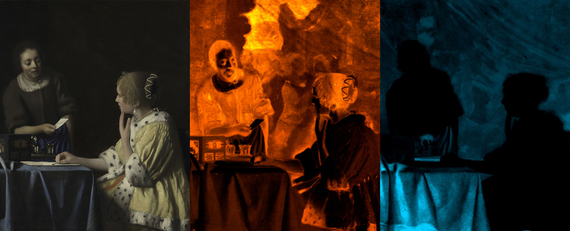 Composite image composed three side-by-side images of the same painting. The left-hand image of the painting depicts a plainly-dressed woman presenting a small piece of paper to a regally dressed woman seated at a table with pen and paper. The figures are set against an enigmatic dark background. The middle image is an x-ray image of the painting renders the image in a range of white, bright orange and black values. The right-hand image is also an x-ray but renders the painted image in rand of white, florescent blue, and black. The figures are silhouetted and the table cloth and background contain highlights.