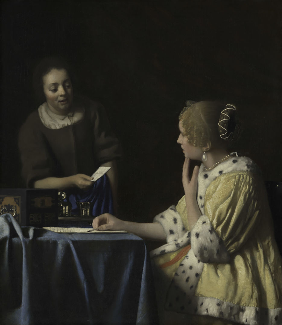 Painting of a woman dressed in a yellow, fur-lined dress sits at table covered in a deeply shadowed blue table cloth; she has one hand perched on the table and the other poised near her chin; she looks slightly sideways at a standing figure in noticeably dark plainer dress emerging from a dark background to our left; this figure holds out a small piece of white paper